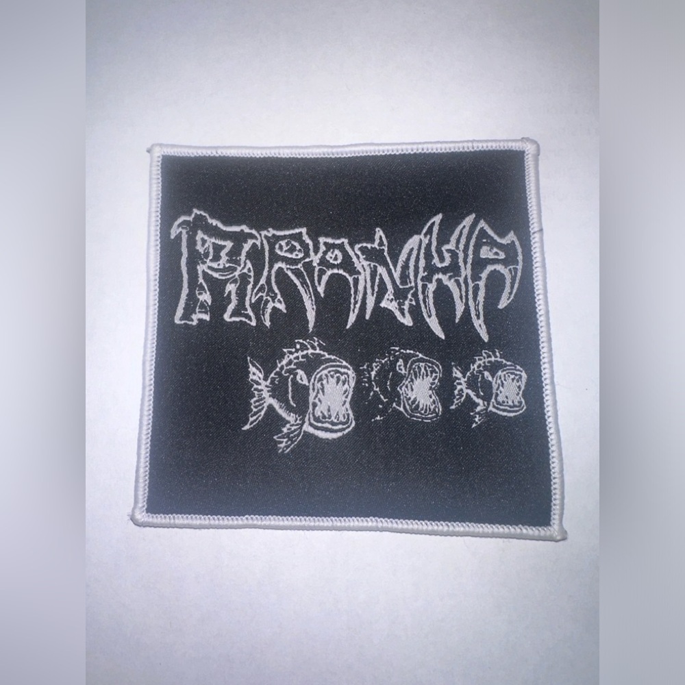 PIRANHA, BAND, WHITE BORDER, SEW ON WOVEN PATCH